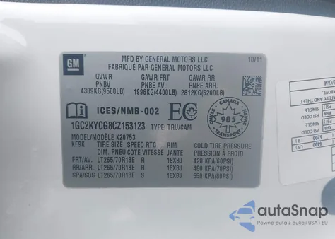 2012 Chevrolet Silverado 2500Hd Ltz z USA, uszkodzony, nr VIN 1GC2KYCG8CZ153123